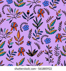Colorful floral seamless pattern with hand drawn flowers, branches and leaves with black outline. Vector illustration.