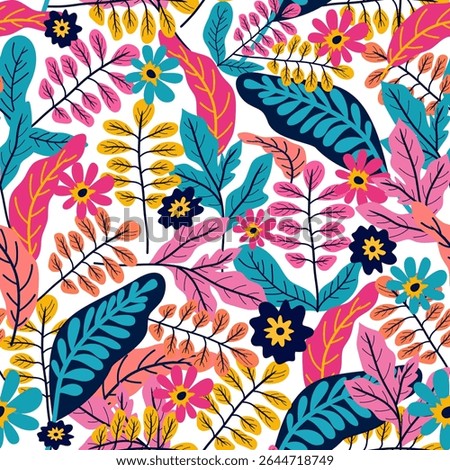 Colorful Floral Seamless Pattern, Hand Drawn Botanical Vector Background, Modern Nature Repeat Design