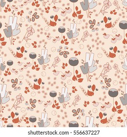 Colorful floral seamless pattern hand-drawn on beige background. Pattern can be used for fabric, wallpaper or wrapping paper.