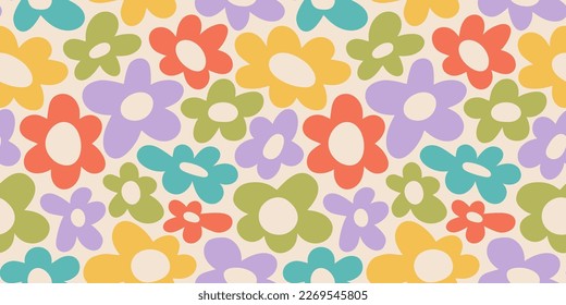 Colorful floral seamless pattern illustration. Vintage flower background art design. Retro pastel color spring artwork, groovy seventies nature backdrop with hippie flowers.