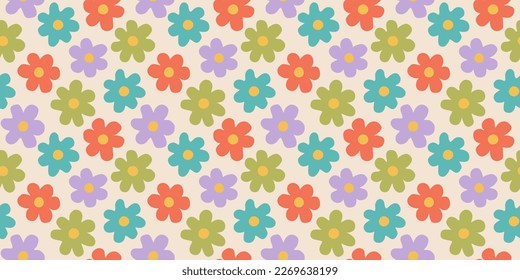 Colorful floral seamless pattern illustration. Vintage flower background art design. Retro pastel color spring artwork, groovy seventies nature backdrop with hippie flowers.