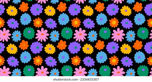 Colorful floral seamless pattern illustration. Vintage flower background art design. Retro pastel color spring artwork, groovy seventies nature backdrop with hippie flowers.