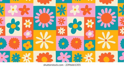 Colorful floral seamless pattern illustration. Vintage style hippie flower background design. Geometric checkered wallpaper print, spring season nature backdrop texture with daisy flowers.