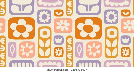 Farbige, nahtlose, blumengeschmückte Mustergrafik. Vintage-Stil Hippie-floraler Hintergrund Design. Geometrisches, karierte Tapete-Drucken, Naturhintergrund der Frühjahrszeit mit blühenden Blumen.