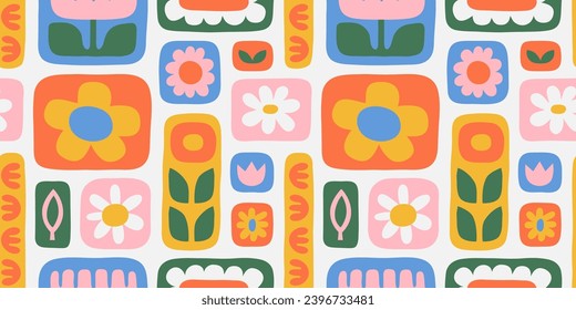 Colorful floral seamless pattern illustration. Vintage style hippie flower background design. Geometric checkered wallpaper print, spring season nature backdrop texture with daisy flowers.