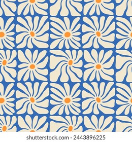 Colorful floral seamless pattern illustration. Vintage style hippie flower background design. Geometric checkered wallpaper print, spring season nature backdrop texture with daisy flowers.