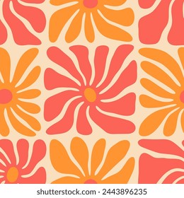 Colorful floral seamless pattern illustration. Vintage style hippie flower background design. Geometric checkered wallpaper print, spring season nature backdrop texture with daisy flowers.