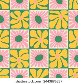 Colorful floral seamless pattern illustration. Vintage style hippie flower background design. Geometric checkered wallpaper print, spring season nature backdrop texture with daisy flowers.