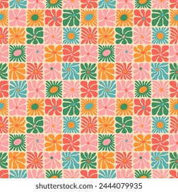 Colorful floral seamless pattern illustration. Vintage style hippie flower background design. Geometric checkered wallpaper print, spring season nature backdrop texture with daisy flowers.