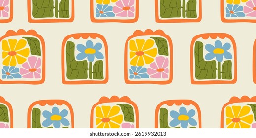 Ilustração de padrão sem costura floral colorida. Coleção de design de fundo de quadro de flor estilo vintage. Impressão natural geométrica do papel de parede, primavera estação natureza fundo textura com flores.