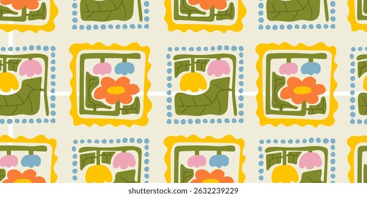 Colorful floral seamless pattern illustration. Vintage style flower frame background design. Geometric natural wallpaper print, spring season nature backdrop texture with flowers.