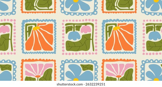 Colorful floral seamless pattern illustration. Vintage style flower frame background design collection. Geometric natural wallpaper print, spring season nature backdrop texture with flowers.