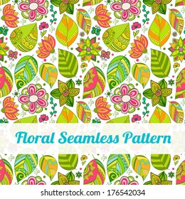 Colorful floral seamless pattern with leaves and flowers.  Doodles ornament theme for your design. 