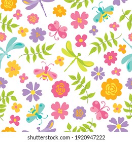 Colorful floral seamless pattern with leaves, flowers, butterflies, bees and dragonflies on white background. Vector illustration.