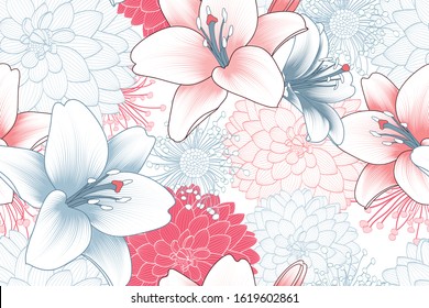 Colorful floral seamless pattern with lily and dahlia flowers. Vector flower elements for wallpaper design, wall decoration, greeting cards, posters, wedding invitations.