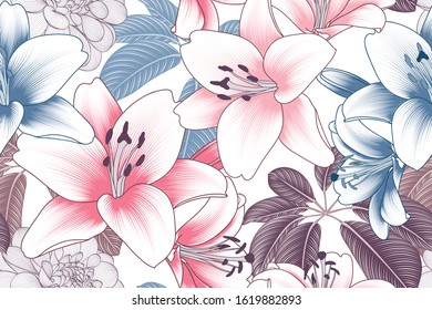 Colorful floral seamless pattern with lily and dahlia flowers. Vector flower elements for wallpaper design, wall decoration, greeting cards, posters, wedding invitations. Vector illustration.