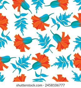 Colorful floral seamless pattern with marigold flowers and leaves.Half-bloomed orange bud and blue curly foliage on white background.Print on fabric and paper.Vector design for packaging,wallpaper.