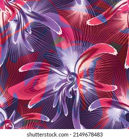 colorido patrón floral sin fisuras sobre fondo abstracto. Dibujo de contorno. Diseño de plantilla para textiles, interiores, ropa, papel pintado. Arte botánico. Patrón exótico sin foco con flor tropical. 