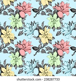 Colorful floral Seamless pattern on blue background vector illustration