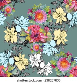 Colorful floral Seamless pattern on green background vector illustration