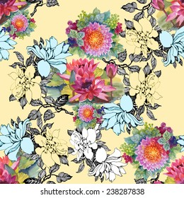 Colorful floral Seamless pattern on yellow background vector illustration