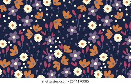 Colorful Floral Seamless Pattern on Dark Background – Cute Hand-Drawn Spring Flower Design