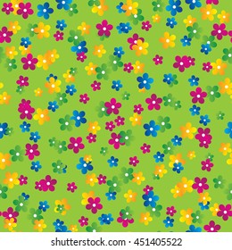 Colorful floral seamless pattern on green background. Vector illustration.