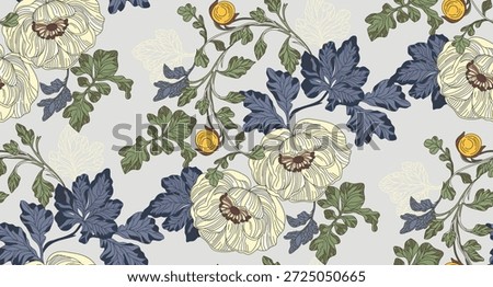 Colorful floral seamless pattern on a light gray background, for fabric, wrapping paper and print.	
