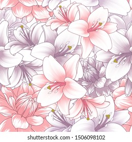 Colorful floral seamless pattern with orange and violet lilies and dahlias flowers.
