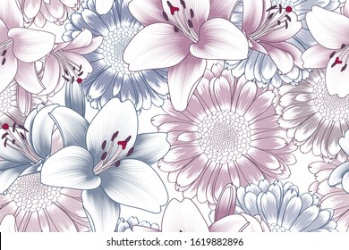 Colorful floral seamless pattern with orange and violet lilies and gerbera flowers.