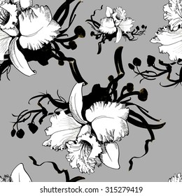 Colorful floral seamless pattern with orchid flowers on gray background vector illustration