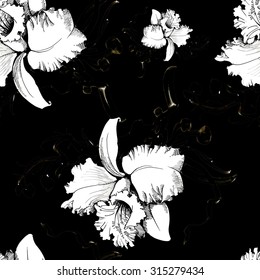 Colorful floral seamless pattern with orchid flowers on black background vector illustration