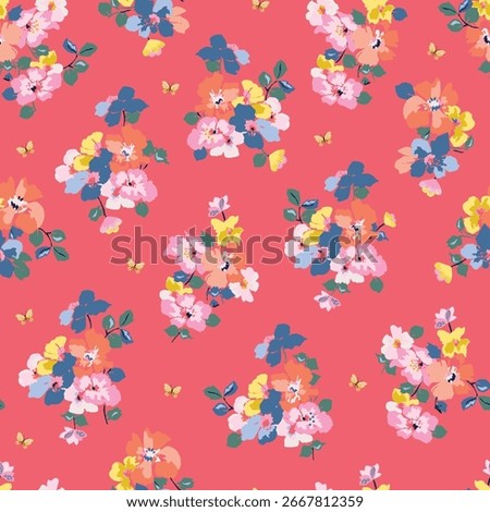 Colorful floral seamless pattern with painterly flowers and butterflies. Ditsy spring garden background for textile. Vector illustration.