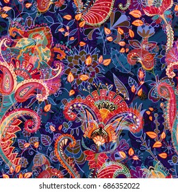 Colorful floral seamless pattern. Paisley ornament. Decorative flowers and grass. Design for fabrics, cards, web, decoupage