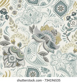 Colorful floral seamless pattern. Paisley ornament. Decorative flowers. Floral ethnic style