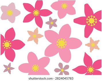 Colorful Five‑Petal Floral Seamless Pattern,  Playful Pink, Red, Peach and Purple Flowers for Textile, Wallpaper and Decorative Design.