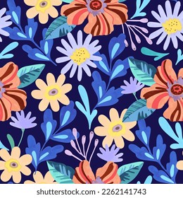 Colorful floral seamless pattern in retro style.