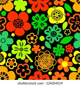 Colorful floral seamless pattern with shamrocks on black, vector