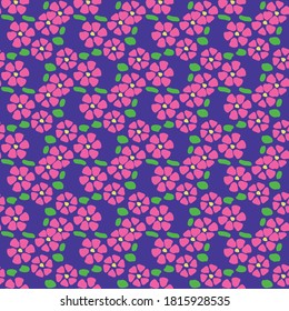 Farbiges, nahtloses Blumenmuster mit einfachen rosa, violetten Blumen.