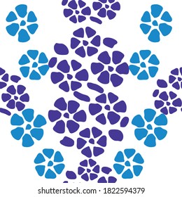 Colorful floral seamless pattern with simple flowers, cyan and blue tones, deep blue.