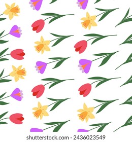 Colorido patrón floral sin costuras. La primavera y el verano florecen. Tulipán, narciso, circo. Fondo botánico, papel de embalaje, fondo.