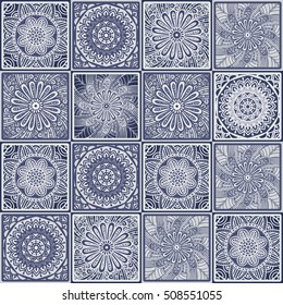 Colorful floral seamless pattern from squares with mandala in patchwork boho chic style, in portuguese and moroccan motif