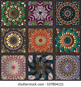 Colorful floral seamless pattern from squares with mandala in patchwork boho chic style, in portuguese and moroccan motif