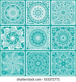 Colorful floral seamless pattern from squares with mandala in patchwork boho chic style, in portuguese and moroccan motif