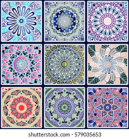 Colorful floral seamless pattern from squares with mandala in patchwork boho chic style, in portuguese and moroccan motif
