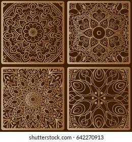 Colorful floral seamless pattern from squares with mandala in patchwork boho chic style, in portuguese and moroccan motif