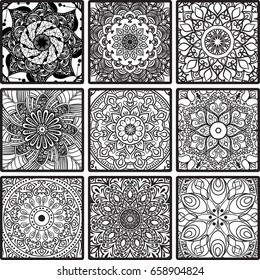 Colorful floral seamless pattern from squares with mandala in patchwork boho chic style, in portuguese and moroccan motif