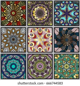 Colorful floral seamless pattern from squares with mandala in patchwork boho chic style, in portuguese and moroccan motif
