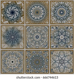 Colorful floral seamless pattern from squares with mandala in patchwork boho chic style, in portuguese and moroccan motif