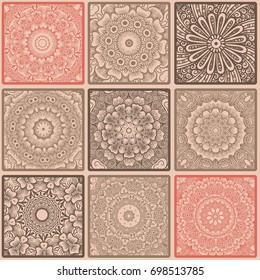 Colorful floral seamless pattern from squares with mandala in patchwork boho chic style, in portuguese and moroccan motif